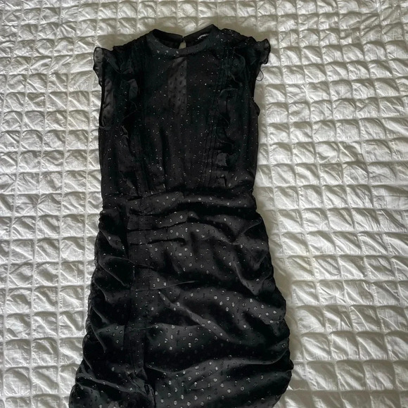Express black ruffle polka dot ruched mini dress - Picture 6 of 14